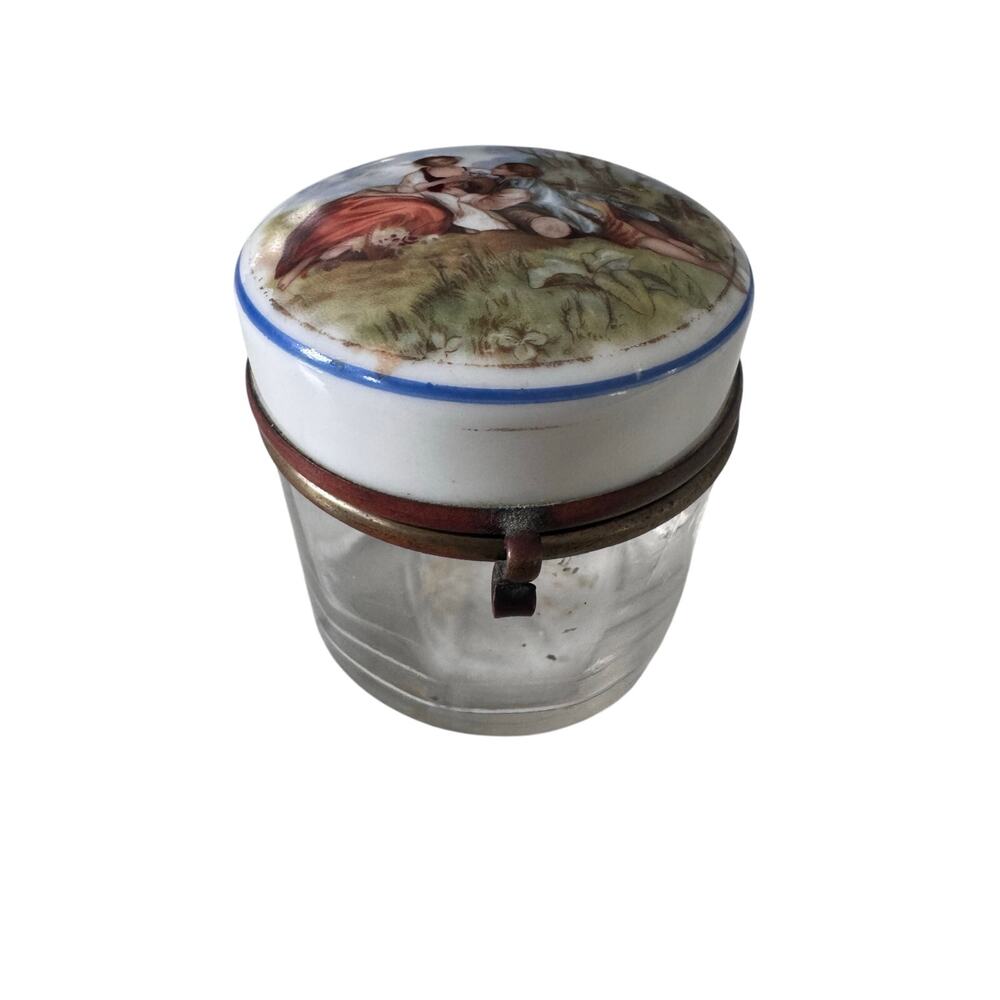 Antique French Glass Trinket Jar w/ Porcelain Lid Hand Painted Scene